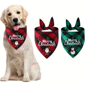 Detail of red and green plaid Christmas pet bandanas with Merry Christmas prints