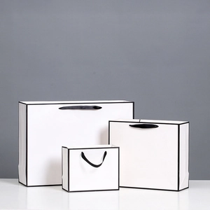 Minimalist white gift paper bags with black trim and handles in three different sizes