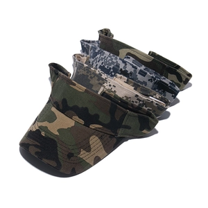 Detailed view of various camouflage patterns on durable sun visor hats for outdoor sports