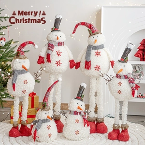 Christmas Snowman Ornaments Plush Retractable Legs Adjustable Height Standing Doll Indoor Home Floor Decor Winter Holiday