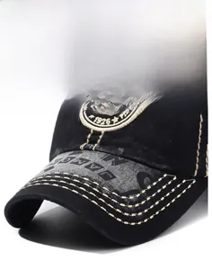 Detail of vintage washed cotton baseball cap with 1926 embroidery and contrast stitching