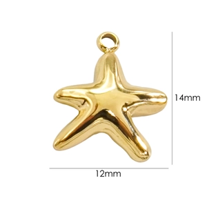 Macro shot of gold starfish pendant showing dimensions 14mm height and 12mm width