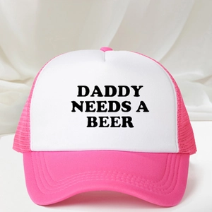 Pink and white trucker hat featuring Daddy Needs A Beer text with mesh back
