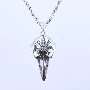 Vintage stainless steel Viking raven skull pendant necklace with Vegvisir compass detail