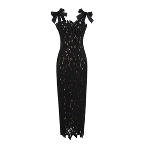 Elegant black lace midi dress with satin shoulder bows and intricate cutout embroidery