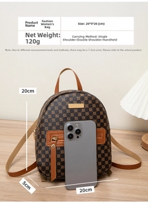 Detailed view of monogram mini backpack 20x5x20cm with dimensions and phone size comparison