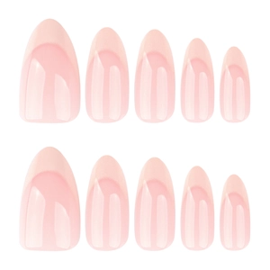 Short almond press-on nails in minimalist nude pink jelly color with glossy finish