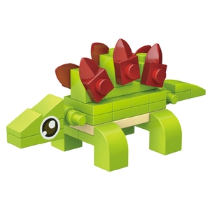 Detailed side view of a green Stegosaurus building block model for children