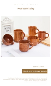 Set of six handcrafted wooden coffee mugs and tea cups with natural wood grain and handles