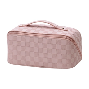 Pink checkered PU leather makeup bag with top handle and secure zipper closure