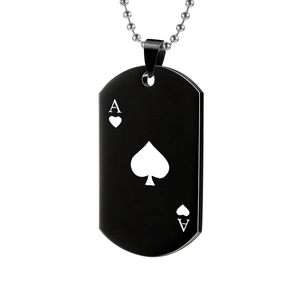 Matte black Ace of Spades dog tag necklace with a silver ball chain pendant