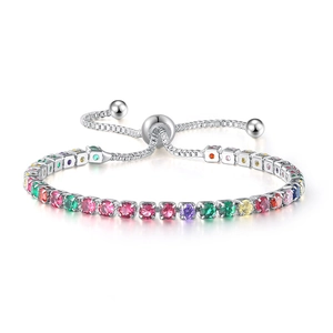 Adjustable silver tennis bracelet with colorful rainbow cubic zirconia and bolo clasp