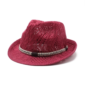 Burgundy knitted fedora hat with breathable hollow weave and decorative band for summer