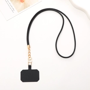 Minimalist black leather phone lanyard with elegant gold chain and secure connector