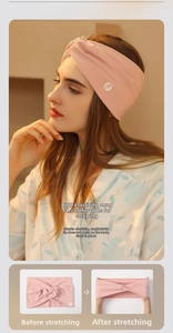 Close-up of pink elastic maternity headband with cross-knot and soft knit texture