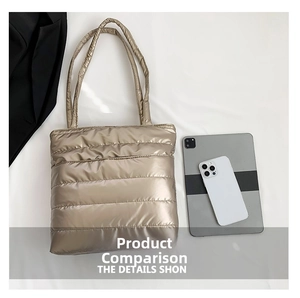 Champagne gold quilted tote bag size comparison with a tablet and smartphone