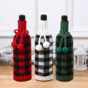 Housses De Bouteille De Vin De Noël En Acrylique Tricoté Motif À Carreaux Décor Pompon Pour Table De Fête