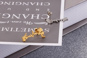 Macro view of gold and silver dog puppy heartbeat stainless steel stud earrings on book
