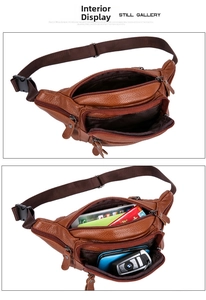 Multi-compartment leather waist bag interior showing large capacity and zipper layout