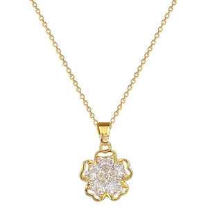 Luxurious gold stainless steel floral pendant necklace with sparkling pavé crystals