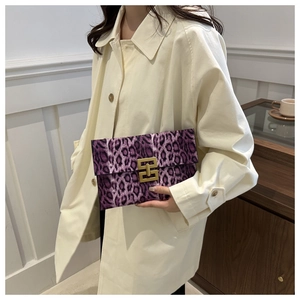 Fashionable purple leopard print envelope clutch bag with a stylish golden square buckle