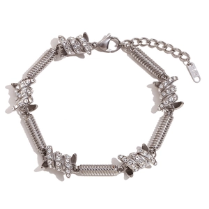 Hip hop silver chain bracelet with barbed wire design, 18K engraving and clear crystals