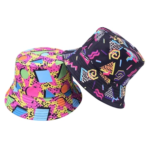 Retro 90s Memphis style bucket hats with colorful geometric and animal print patterns