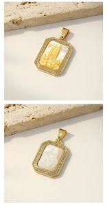 Detail of square gold plated virgin mary pendants with carved shell and crystal inlay