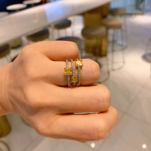 Vintage style square yellow gemstone ring with silver band and micro-pave diamonds