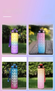 Grid view of four gradient sports water bottles with time markers and strap details