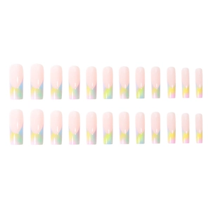 24pcs long French rainbow gradient press-on nails with macaron ombre glossy finish