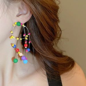 Detailed view of colorful resin beaded earrings with layered wire hoops on a model
