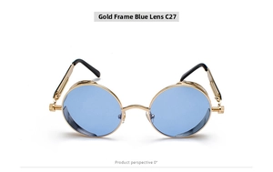 Detail view of gold steampunk sunglasses frames with blue lenses and intricate gear hinges
