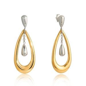Two-tone gold and silver teardrop earrings with a high-polished finish and layered design