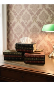 Detail der vintage Taschentuchbox im Buchdesign mit antiken Goldmustern auf Holzschreibtisch