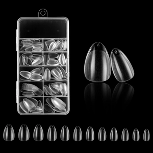 Detailed set of clear almond fake nails in storage box with size numbers 0 to 11