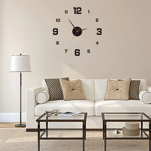 DIY black acrylic wall clock with silent movement shown in a modern living room setting