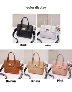 Quilted handbags in five colors with golden turn-lock and patterned wide straps