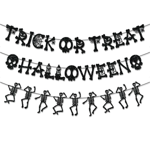 Halloween Banner Black Glitter Paper Trick Or Treat Halloween Garland Skeleton Hanging Decoration Spooky Party Home