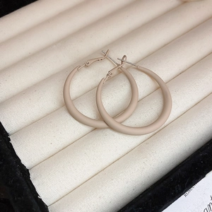 Macro shot of minimalist matte beige hollow circle hoop earrings in a jewelry box