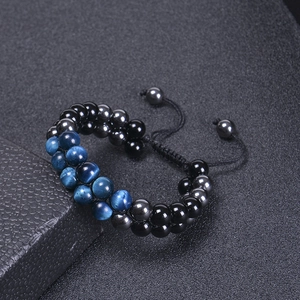 Double-layered braided blue tiger eye and black obsidian bead bracelet for men