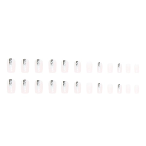 Pink press-on nails with silver glitter stripes and white snowflake designs 24pcs set