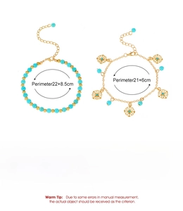 Detailed product specifications of gold alloy turquoise anklet set with weight and size