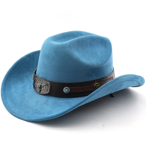 Navy blue wide brim western cowboy hat with turquoise bull head and metal rivet detail