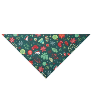 Green Christmas dog bandana detail with festive prints of pine needles and ornaments