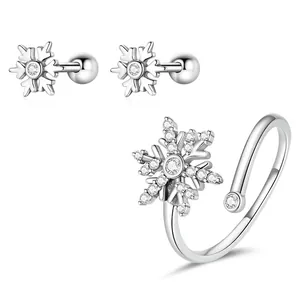 925 Sterling Silver Snowflake Jewelry Set For Women Zirconia Inlaid Stud Earrings Adjustable Open Ring Elegant Winter Gift