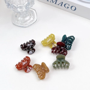 Flat lay of small jelly resin hair claws in seven assorted autumn colors on white background