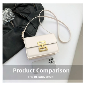 Detailed top view of white crossbody bag with gold buckle and smartphone size comparison