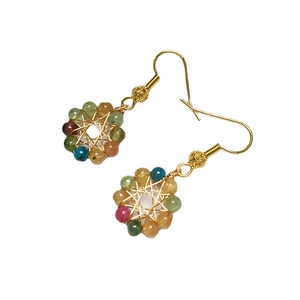 Handmade 14K gold filled wire wrapped earrings with colorful tourmaline beads on white background