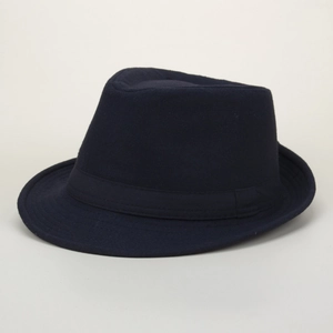 Classic dark blue wool fedora hat with elegant ribbon trim and stylish curved brim